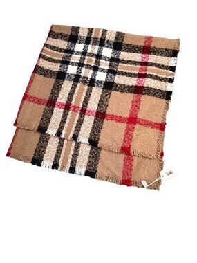 Simonetta Oversized Plaid Blanket Scarf 50x50 Camel Red Black Fringe NWT